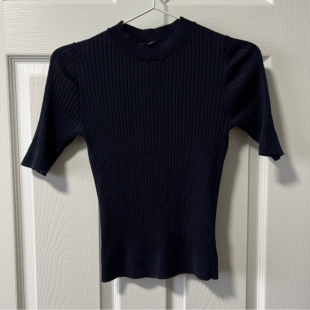 Elegant Navy Ribbed Knit Top